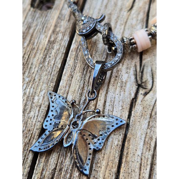 Pink Puka Shell Pave Diamond Sterling Silver Enamel Butterfly Pendant Necklace - Picture 7 of 9